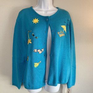Vintage Tia Desiigns Sweater Cardigan Embroidered Beach XL Turquoise NWT